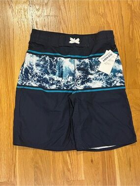 Old Navy Navy Blue Wave-Print Boys Swim Trunks